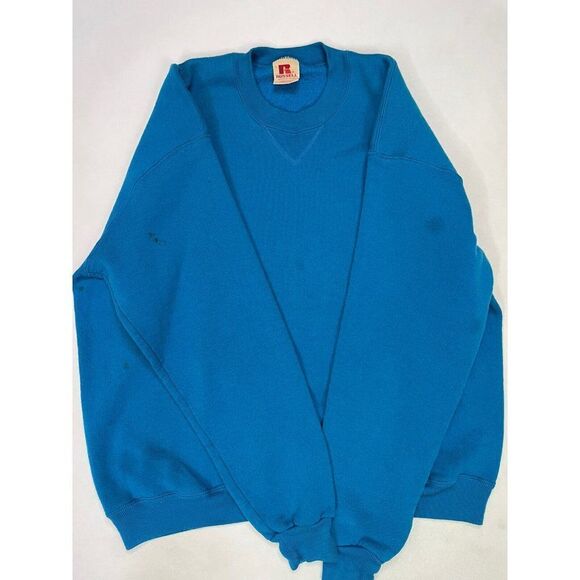 VINTAGE Russell Athletic Blank Crewneck Sweatshirt Men Large Blue USA 80s - Picture 4 of 9